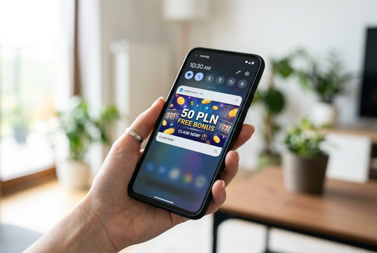 A smartphone screen showing a 50 PLN casino bonus notification.