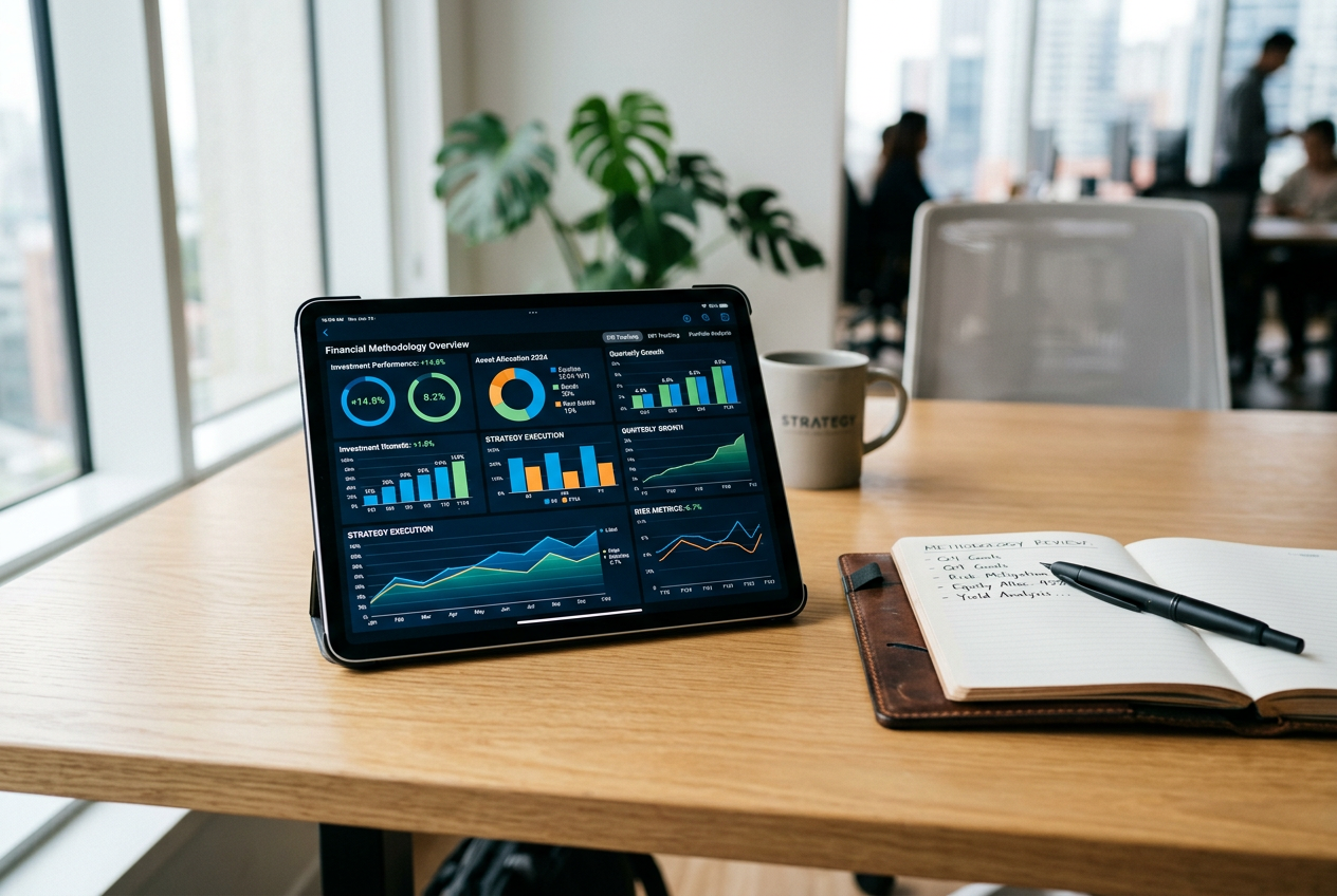 A professional desk setting with digital tablets showing financial charts and bonus analysis.