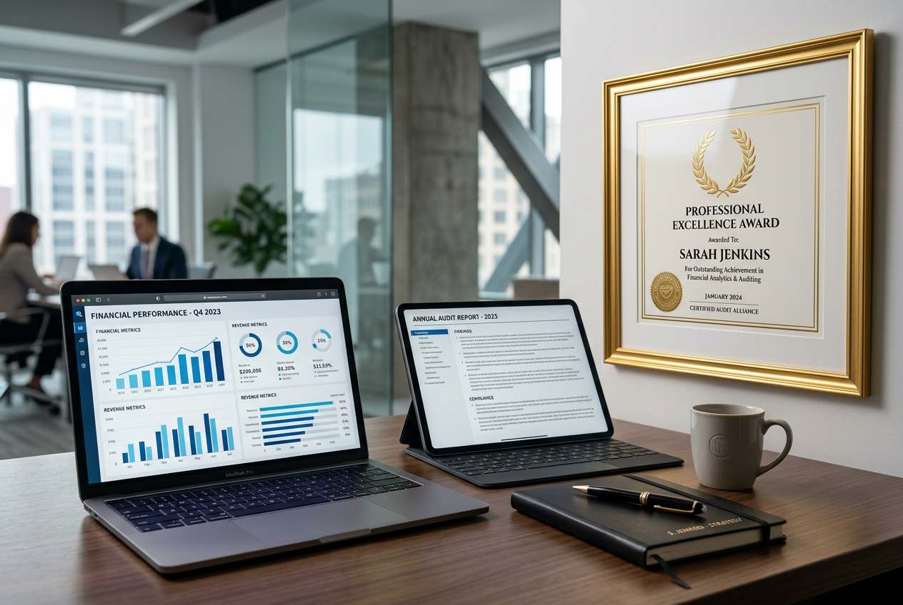 A professional office workspace showing data analysis tools for casino auditing.